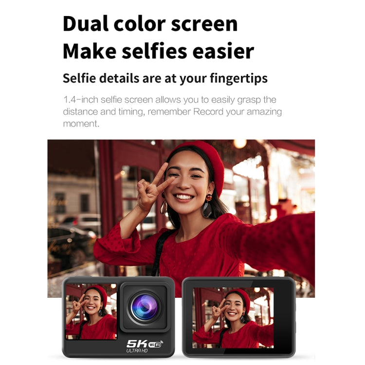 5K Actionkamera med dubbla skärmar, WIFI, HD och anti-shake funktion.