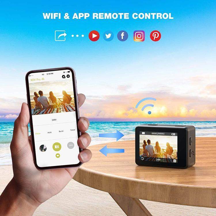 Sportkamera Q60TR: WIFI vidvinkel, EIS, färgad pekskärm, dubbla skärmar. Perfekt för action.