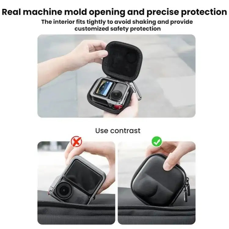 Stor svart actionkamera DJI Osmo Nano Flymile Cage Edition, monterad i bur. 📸 Perfekt för äventyrsfotografering.