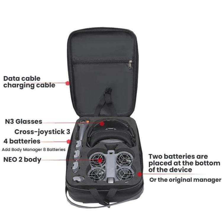 För DJI Neo 2 BKano hård skalväska med dubbla axelremmar, organiserar drönartillbehör som N3-glasögon, joystick och batterier. Perfekt för säker transport.